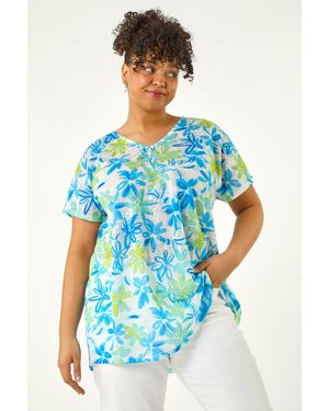 Roman Curve V-Neck Floral Top - Blue