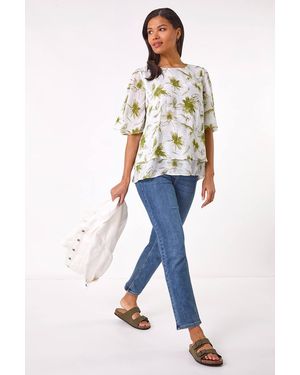 Roman Floral Print Layered Tunic Top - White