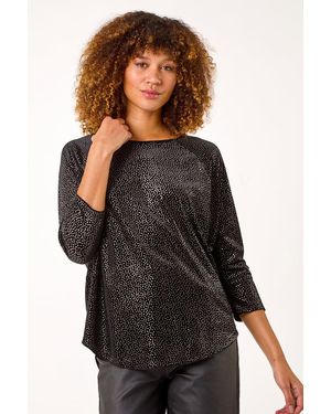 Roman Foil Spot Print Velvet Top - Black
