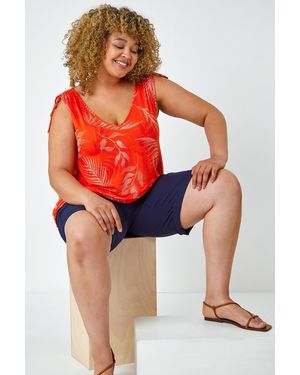 Roman Curve Elastic Waist Turn Hem Stretch Shorts - Red