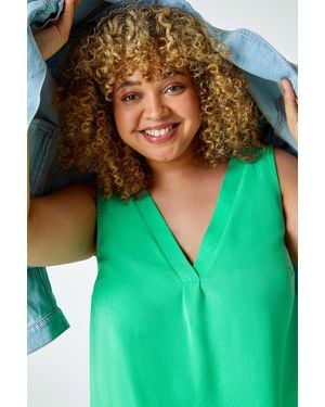 Roman Curve V-Neck Pleat Tank Top - Green