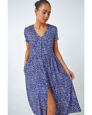 Roman Petite Stretch Floral Button Pocket Midi Dress - Blue