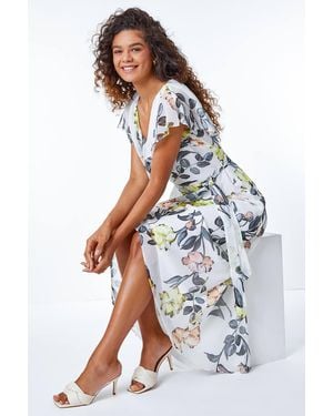 Roman Floral Print Frill Cape Wrap Dress - White