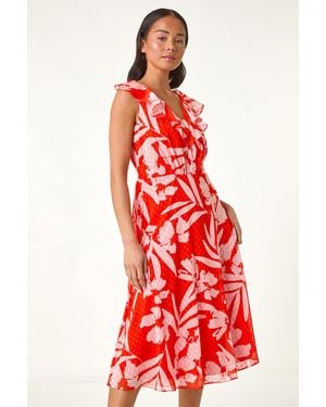 Roman Petite Floral Frill Front Dress - Red