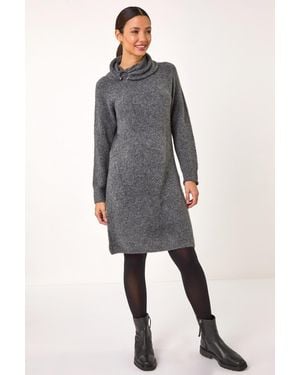 Roman Ring Neck Detail Knitted Dress - Grey