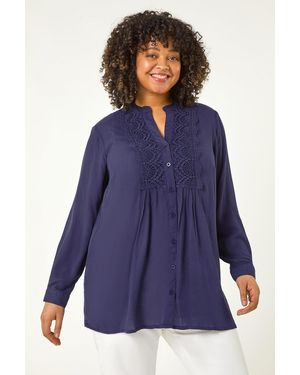 Roman Curve Lace Trim Pintuck Blouse - Blue