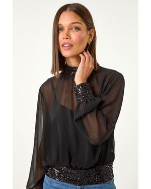 Roman Sequin Chiffon High-Neck Top - Black