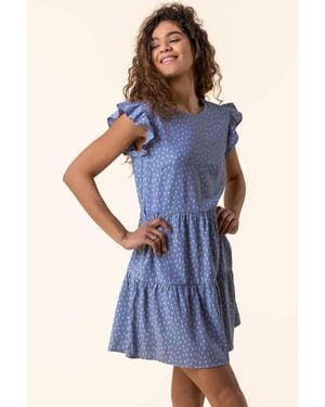 Roman Frill Detail Floral Print Dress - Blue