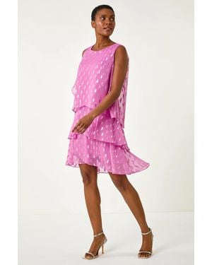Roman Shimmer Foil Print Tiered Dress - Pink