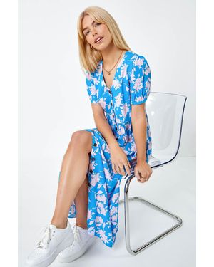 D.u.s.k Floral Print Button Detail Maxi Dress - Blue
