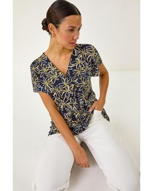 Roman Floral Print Pleat Front Stretch Top - Yellow