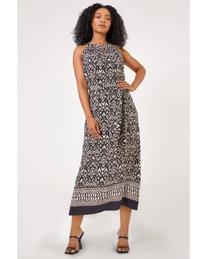 Roman Petite Boho Border Print Halter Neck Dress - Black
