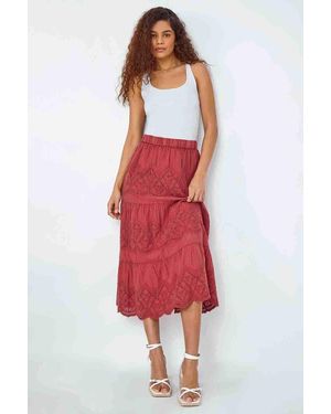 Roman Broderie Elastic Waist A Line Tiered Midi Skirt