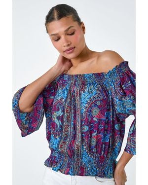 Lilly-and-Hope Paisley Print Stretch Bardot Top - Blue