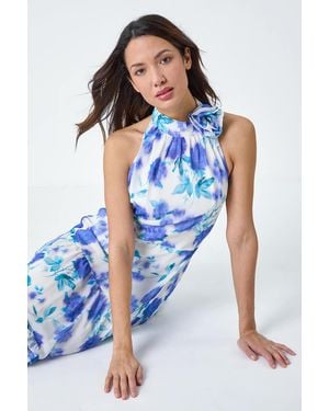 Roman Floral Halterneck Chiffon Tiered Midi Dress - Blue