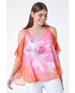 Roman Floral Print Cold Shoulder Overlay Top - Pink