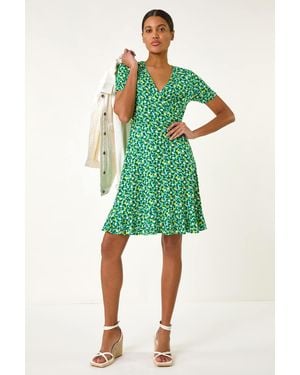 Roman Ditsy Floral Wrap Frill Stretch Dress - Green