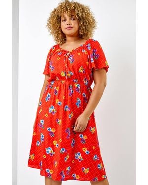 Roman Curve Spot Floral Print Sweetheart Midi Dress - Red