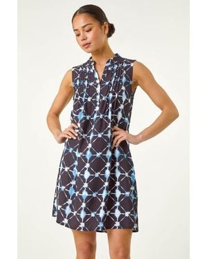 Roman Petite Geometric Pintuck Pocket Dress - Blue