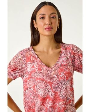 Roman Paisley Burnout Blouson Top - Red