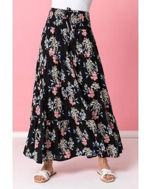 Roman Floral Shirred Waist Elastic Waist Maxi Skirt - Black