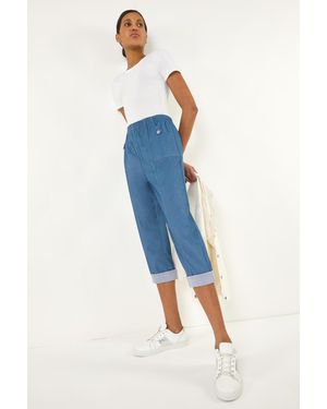 Roman Contrast Detail Cropped Stretch Trousers - Blue