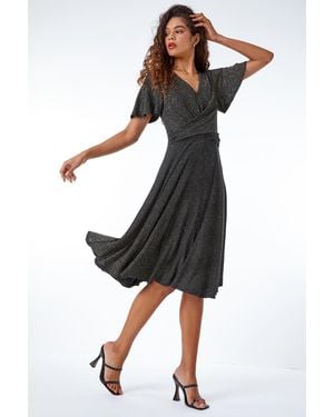 Roman Shimmer Ruched Skater Stretch Dress - Black
