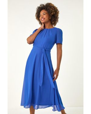 Roman Pleat Chiffon Belted Midi Dress - Blue