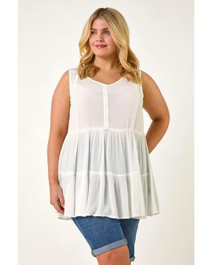Roman Curve Lace Woven Button Vest - White