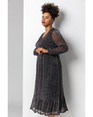 Roman Curve Metallic Plisse Frill Hem Dress - Multicolour