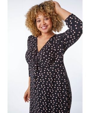Roman Curve Spot Print Twist Front Ruched Dress - Blue