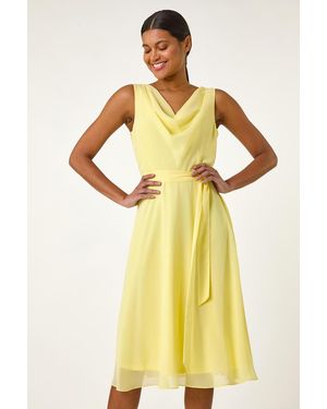 Roman Cowl Neck Tie Waist Dress - Yellow