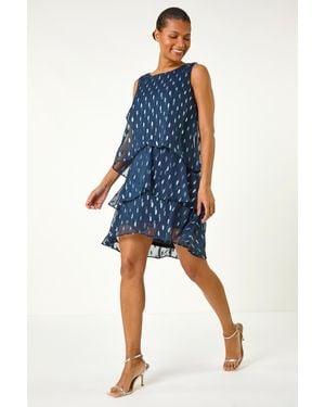 Roman Shimmer Foil Print Tiered Dress - Blue