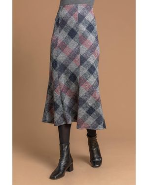 Roman Check Print Fluted Midi Skirt - Grey