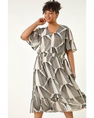 Roman Curve Abstract Button Detail Midi Dress - Black