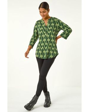Roman Geometric Print Stretch Blouse - Green