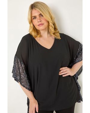 Roman Curve Sequin Trim Overlay Top - Black