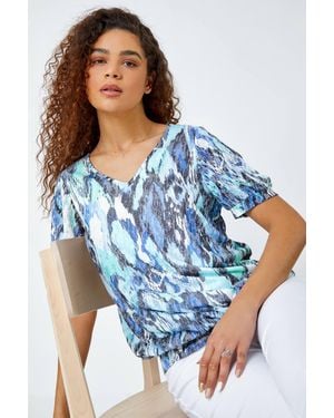 Roman Animal Burnout Print Blouson Stretch Top - Blue