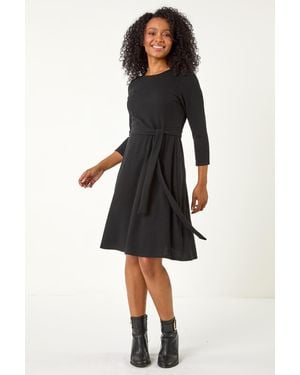 Roman Petite Ribbed Tie Waist Detail Dress - Black