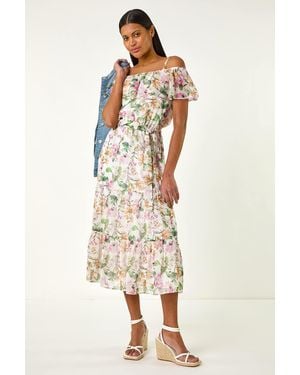 Roman Floral Print Bardot Midi Dress - Natural