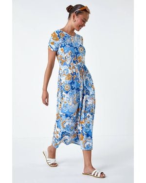 Roman Petite Paisley Print Midi Stretch Dress - Blue