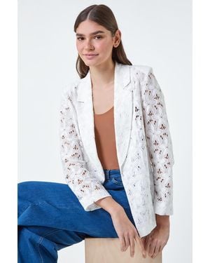 Roman Cotton Blend Floral Lace Blazer - White