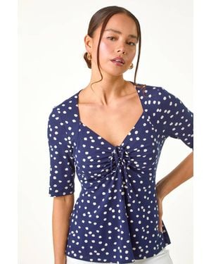 Roman Petite Polka Dot Ruched Stretch Top - Blue