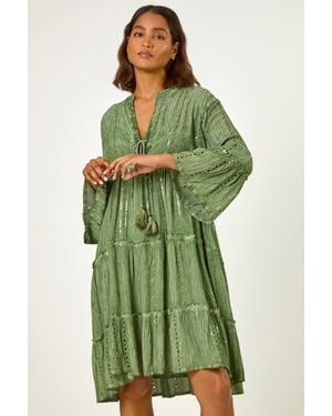 Roman Shimmer Tie Detail Smock Dress - Green