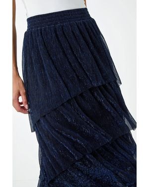 Roman Shimmer Tiered Mesh Maxi Skirt - Blue