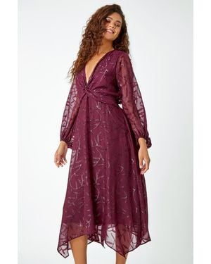 Roman Textured Floral Print Twist Front Midi Dress
