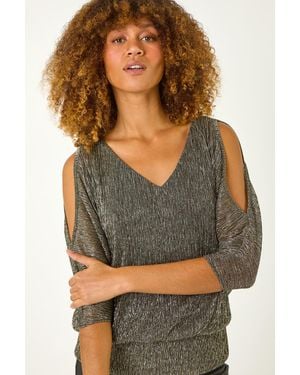 Roman Metallic Plisse Banded Hem Top - Grey