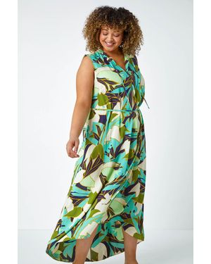 Roman Curve Leaf Print Tie Neck Midi Dress - Green