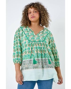 Roman Curve Boho Print Tie Neck Top - Green