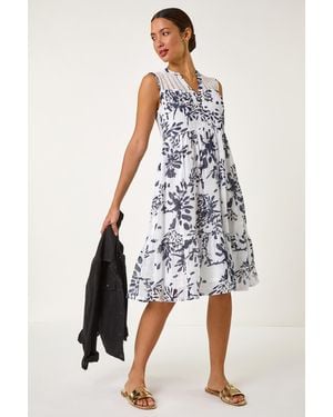 Roman Floral Print Lace Detail Smock Dress - White